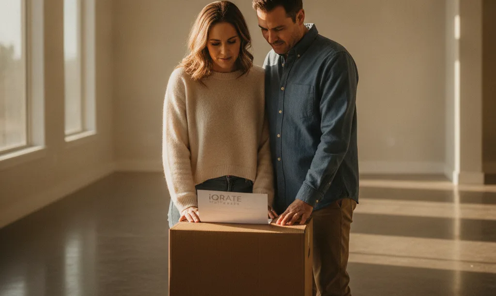 A couple reviewing mortgage documents in their new Sacramento home.
