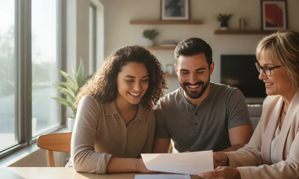 Couple discussing FHA repairs with iQRATE Mortgages advisor.