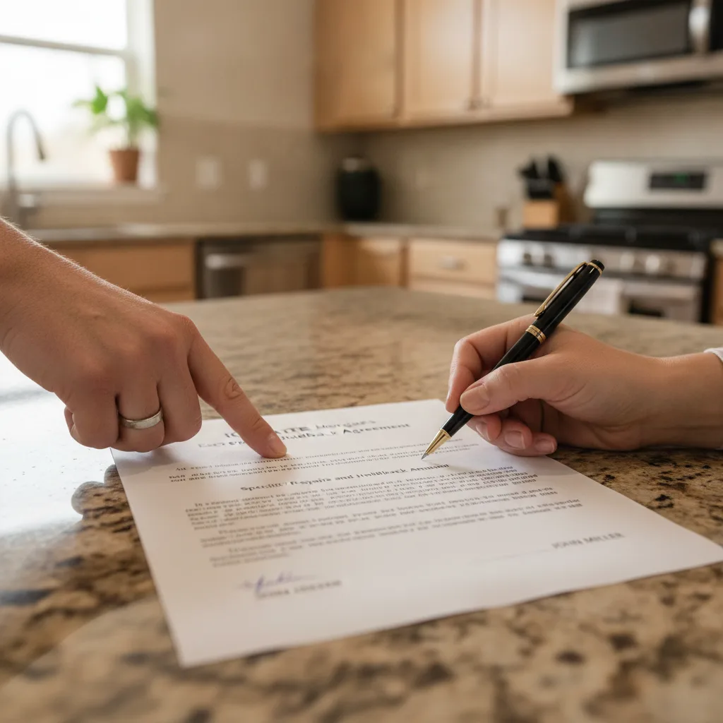 Signing documents for an escrow holdback agreement at a closing.