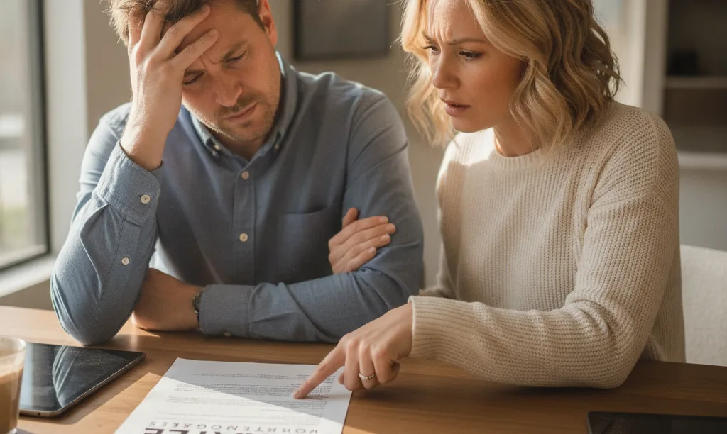 Worried couple reviewing iQRATE Mortgages paperwork at home.