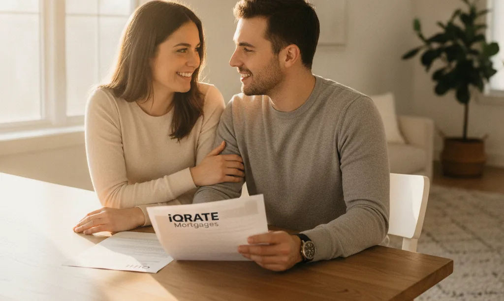 Hopeful couple reviewing iQRATE Mortgages pre-approval documents.