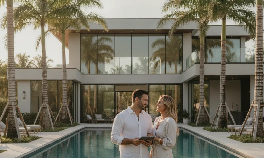 Investor couple discussing in front of Florida home.