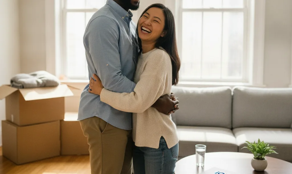 A happy couple celebrating in new home.