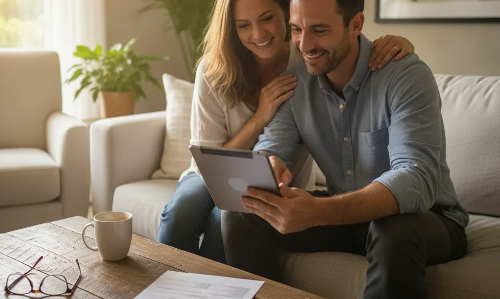 Couple in Florida home calculating mortgage savings.