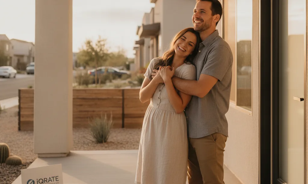 A happy couple outside their new Las Vegas home.
