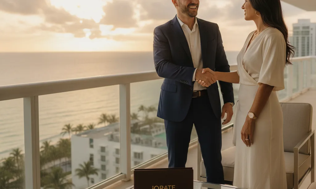 Agent and client shake hands in Miami.