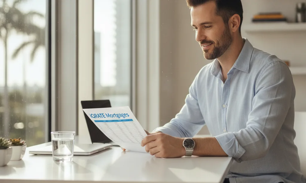 Freelancer confidently reviews mortgage documents in Florida office.