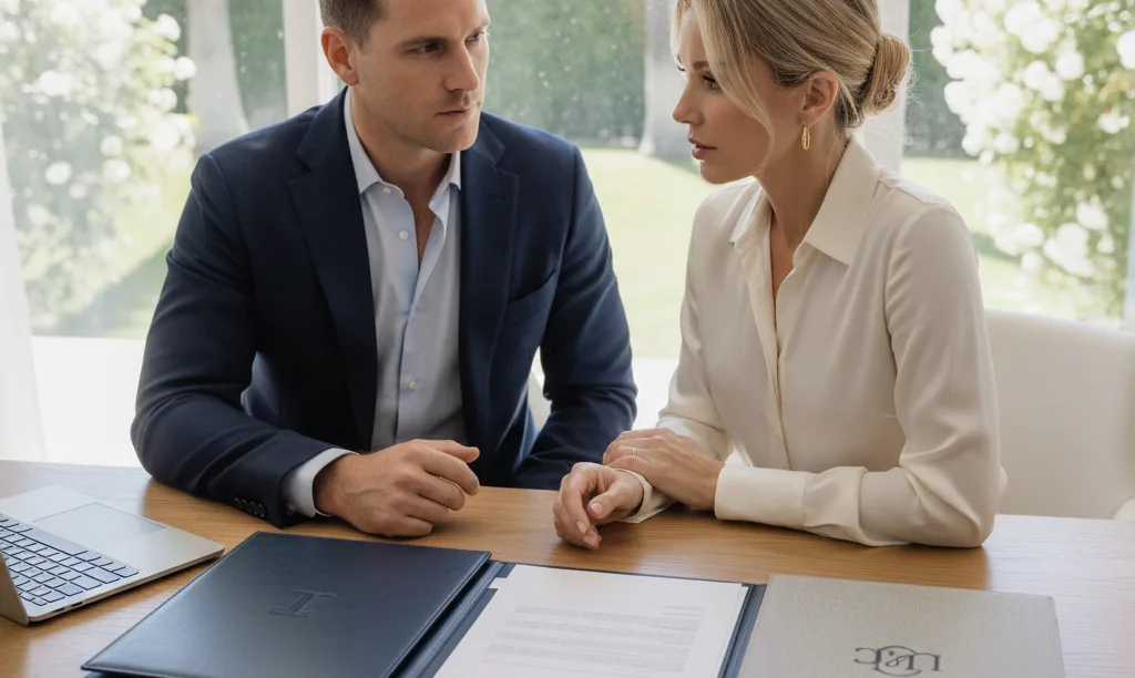 Couple discussing jumbo loan documents from iQRATE Mortgages.