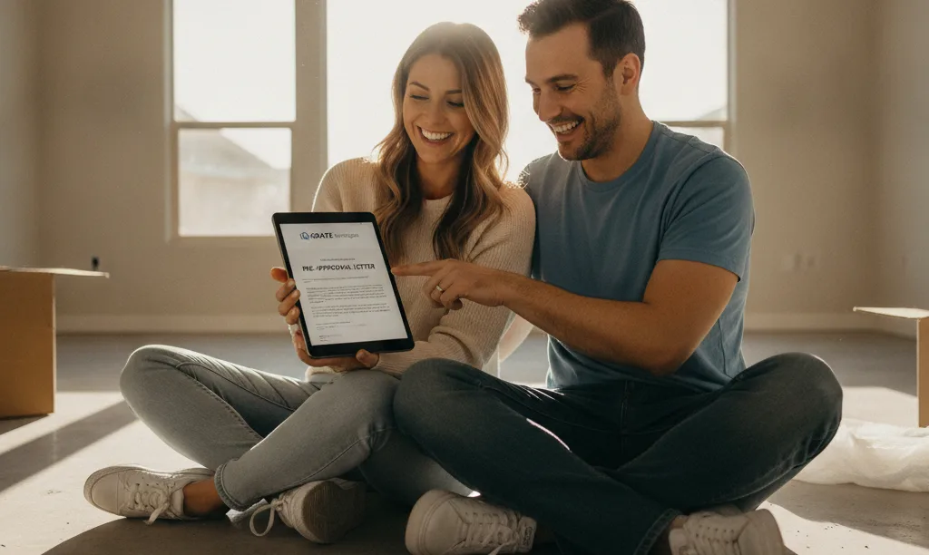 Happy couple reviewing iQRATE Mortgages FHA approval.