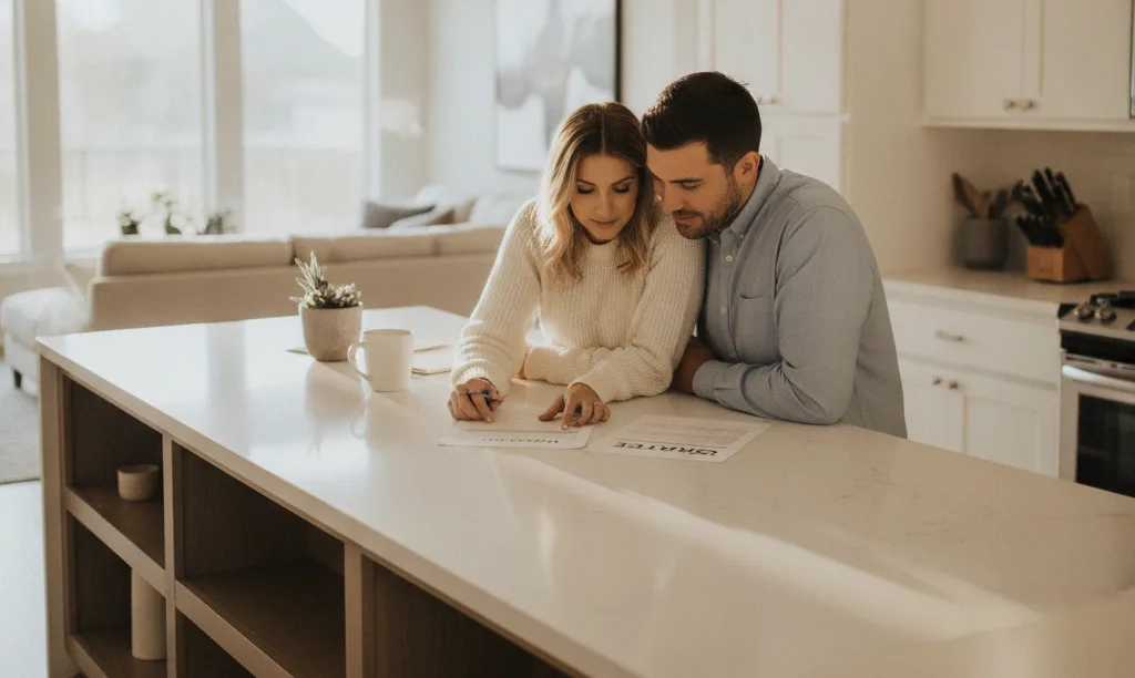 Couple comparing FHA and conventional loan documents.