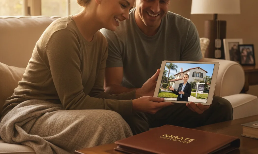 Couple viewing San Diego home tour with iQRATE Mortgages folder.