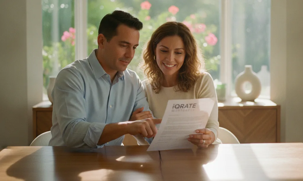 Couple reviewing iQRATE Mortgages documents in sunny home.
