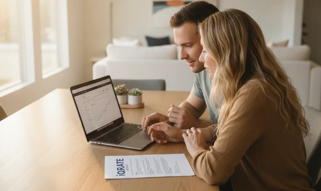 Couple reviewing iQRATE Mortgages loan options online.