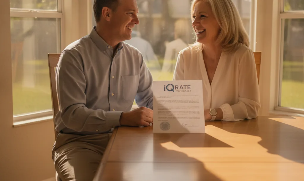 Clergy couple reviewing mortgage papers in sunny home.