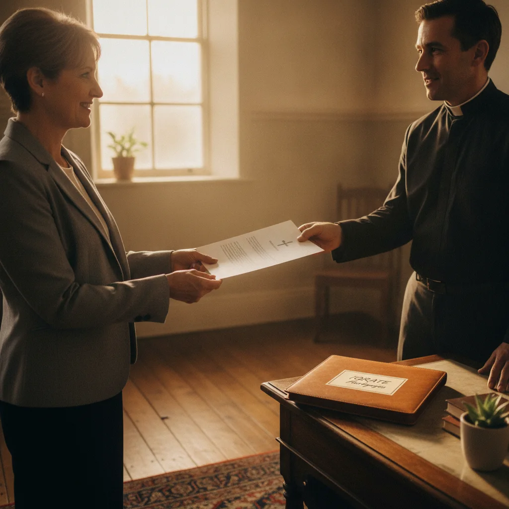 A pastor reviewing financial documents for a mortgage application.