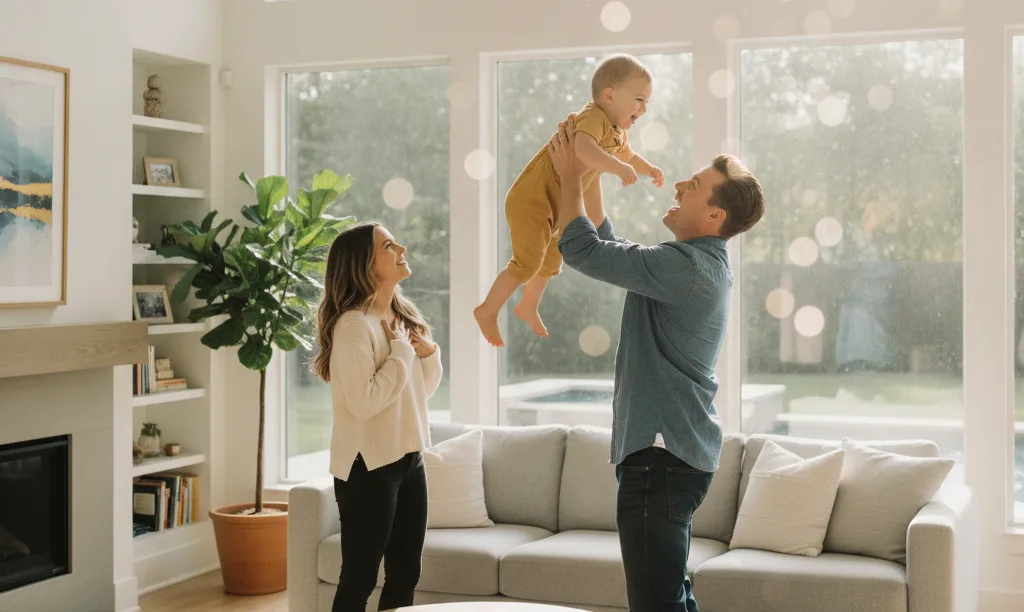 Family happy in their sunlit, energy-efficient home.