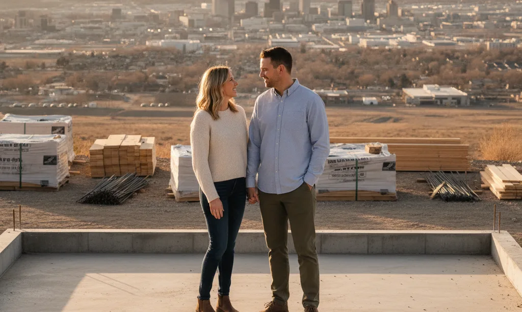 Couple smiling on their future home foundation in Nevada.