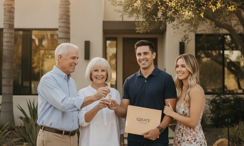 Family exchanging keys for a California home