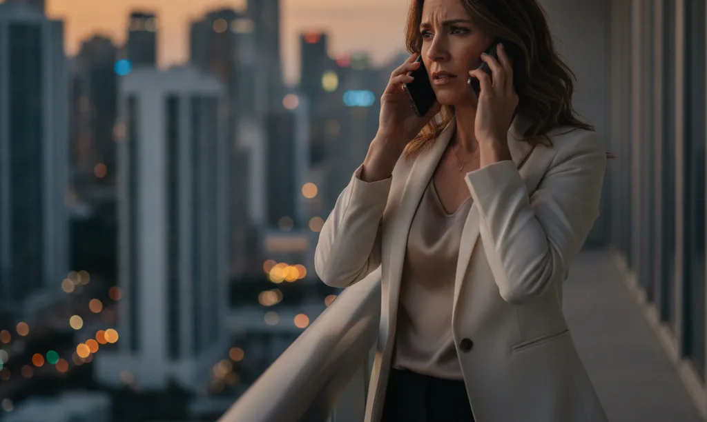Real estate agent feeling anxious on Miami balcony.