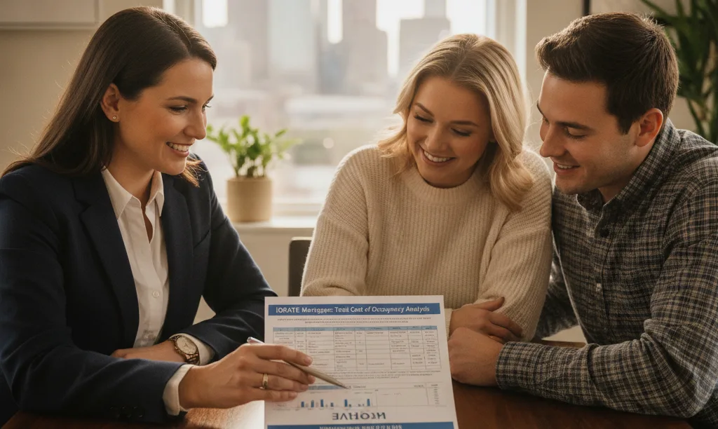 Agent and strategist show clients savings analysis.