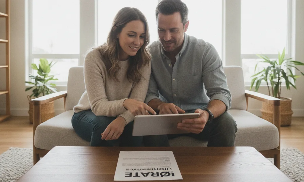 A couple in a sunny San Diego home reviewing iQRATE Mortgages documents.