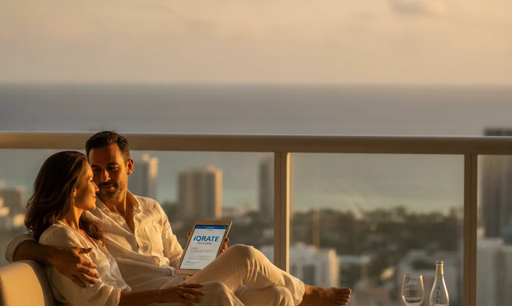 International investors review mortgage on a Miami balcony.