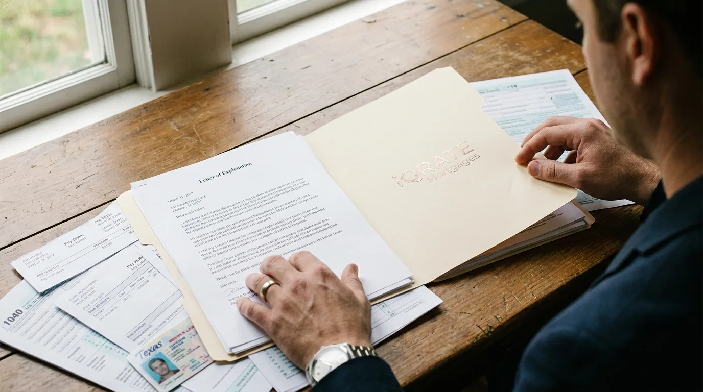 Financial documents like P&L statements and bank records organized on a desk.