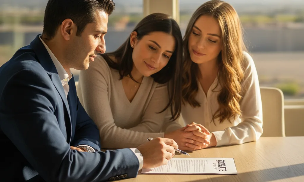 Loan officer guiding a couple through mortgage documents.