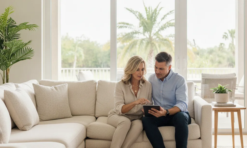 Couple discussing Florida jumbo loan options at home.
