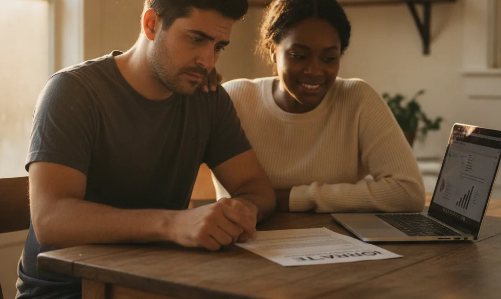 Couple at kitchen table reviewing iQRATE Mortgages document.