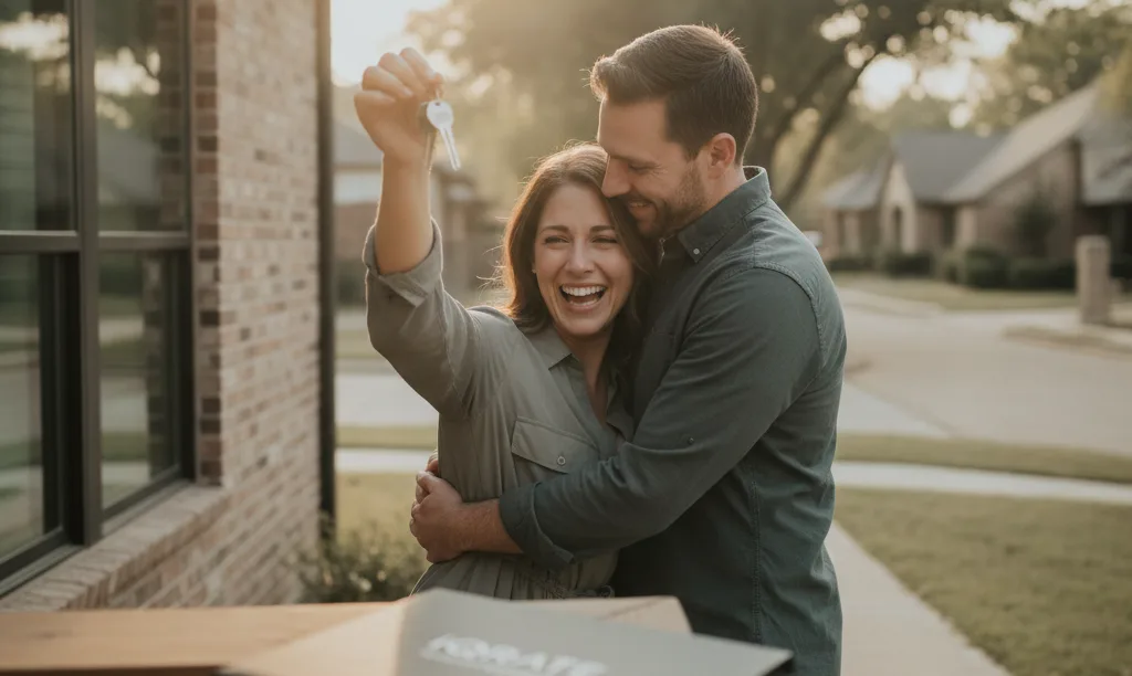 Couple celebrating with keys outside new Dallas home.