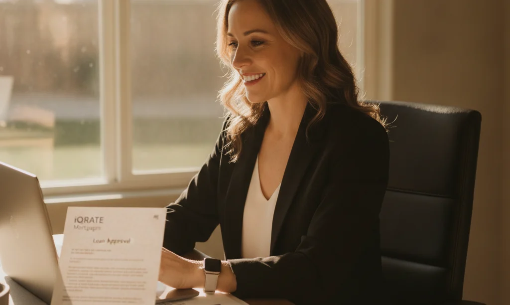 Self-employed woman smiles reviewing iQRATE Mortgages approval.