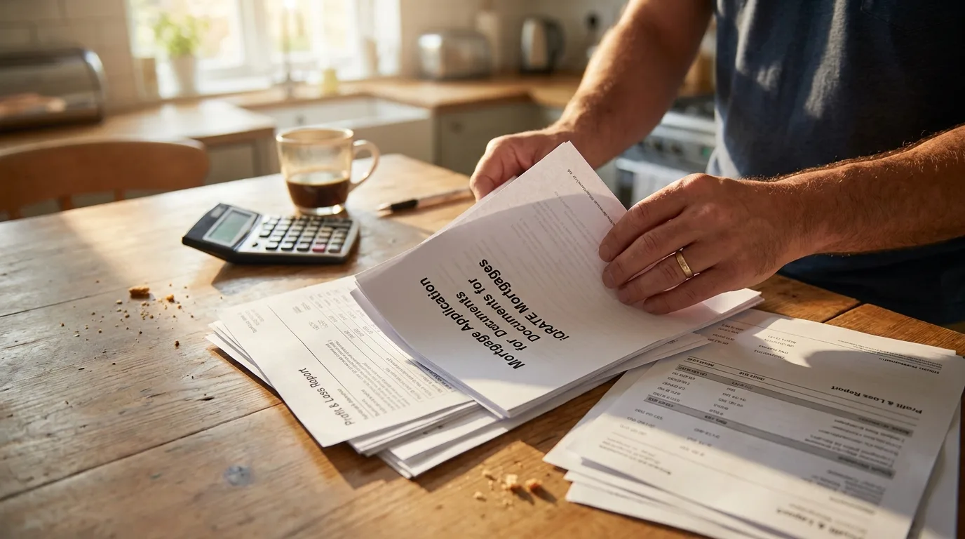 Self-employed person organizing financial records for a home loan