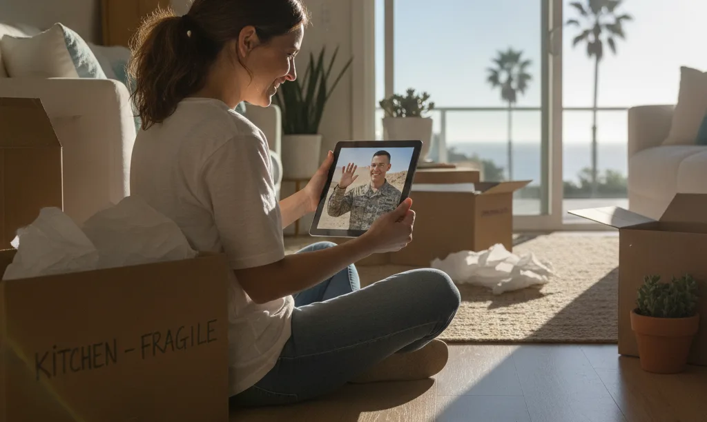 Military spouse video calling partner in new home.