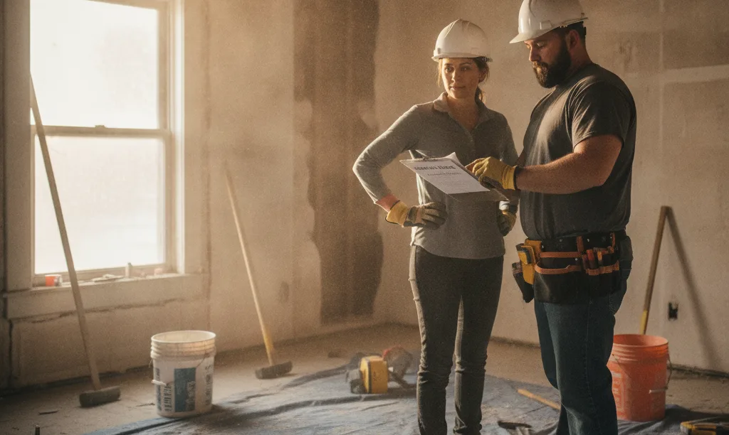 Investor and contractor reviewing renovation plans inside fixer-upper.