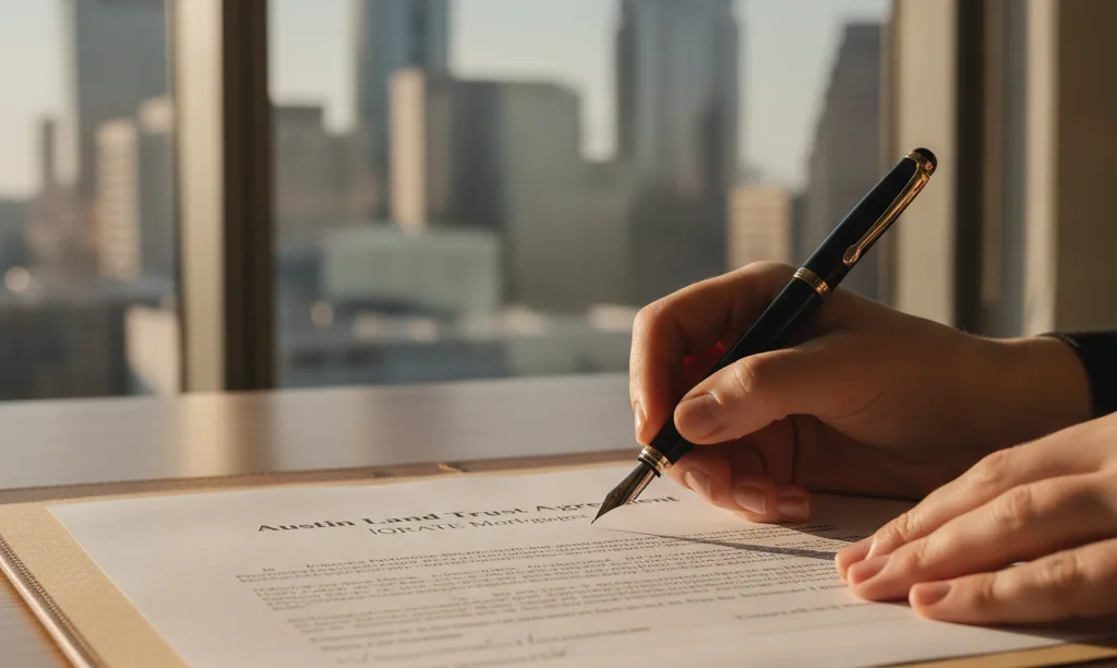 Hands signing an iQRATE Mortgages trust document.
