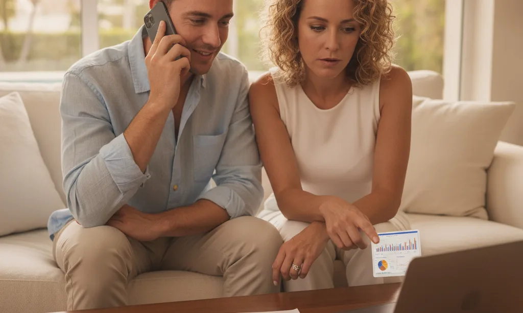 Florida couple on phone resolving mortgage issue.