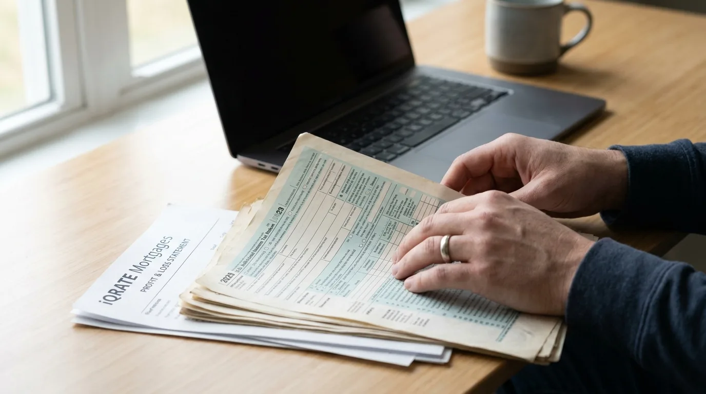 A self-employed person organizing documents for a loan application.