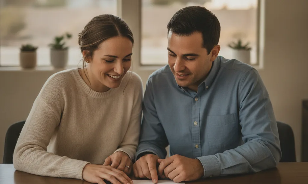 Couple confidently comparing mortgage options in Las Vegas.