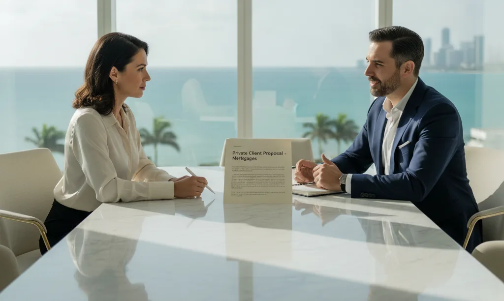 Luxury agent and mortgage professional in Miami meeting.