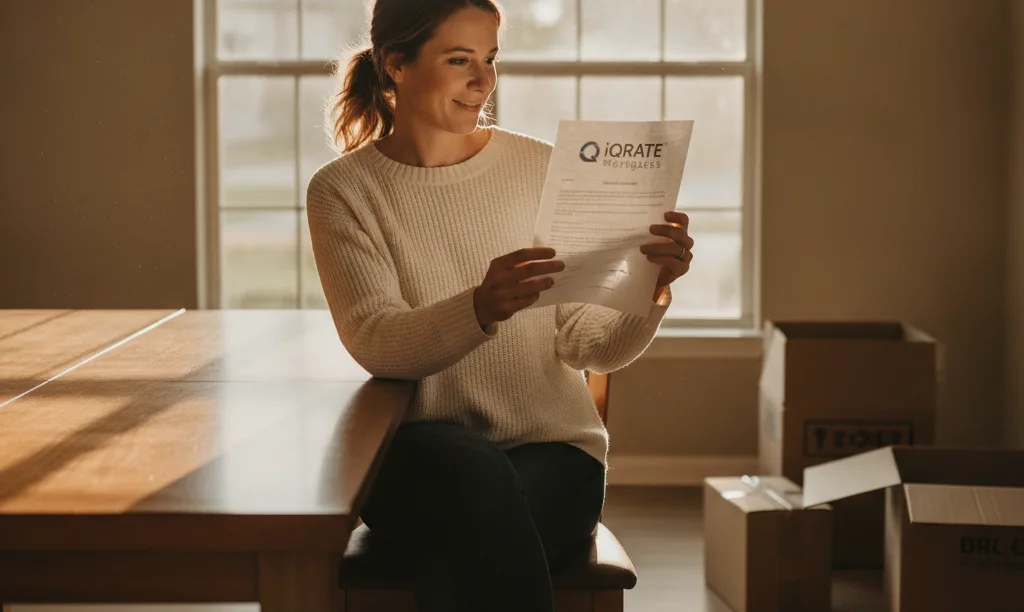 Spouse reviews iQRATE Mortgages papers in new home.