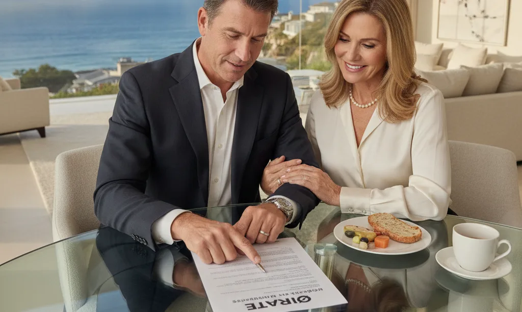 Couple reviewing iQRATE Mortgages documents in Malibu home.