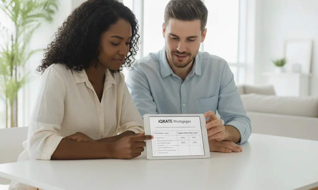 Couple confidently reviewing iQRATE Mortgages loan options.