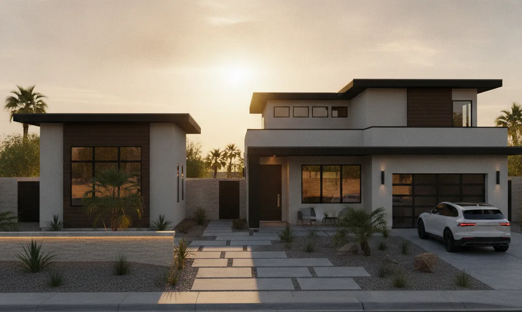 Las Vegas home with casita at sunset.