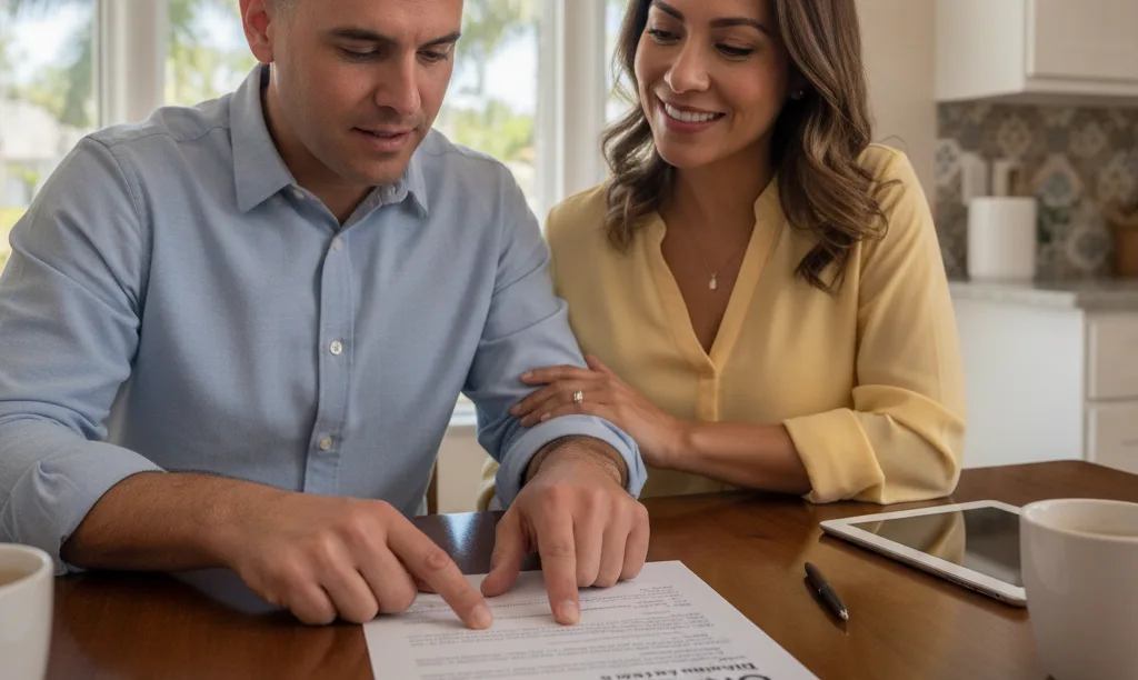 A couple in Tampa reviewing iQRATE Mortgages document.