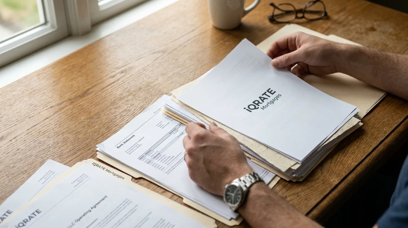 LLC operating agreement and bank statements organized on a desk
