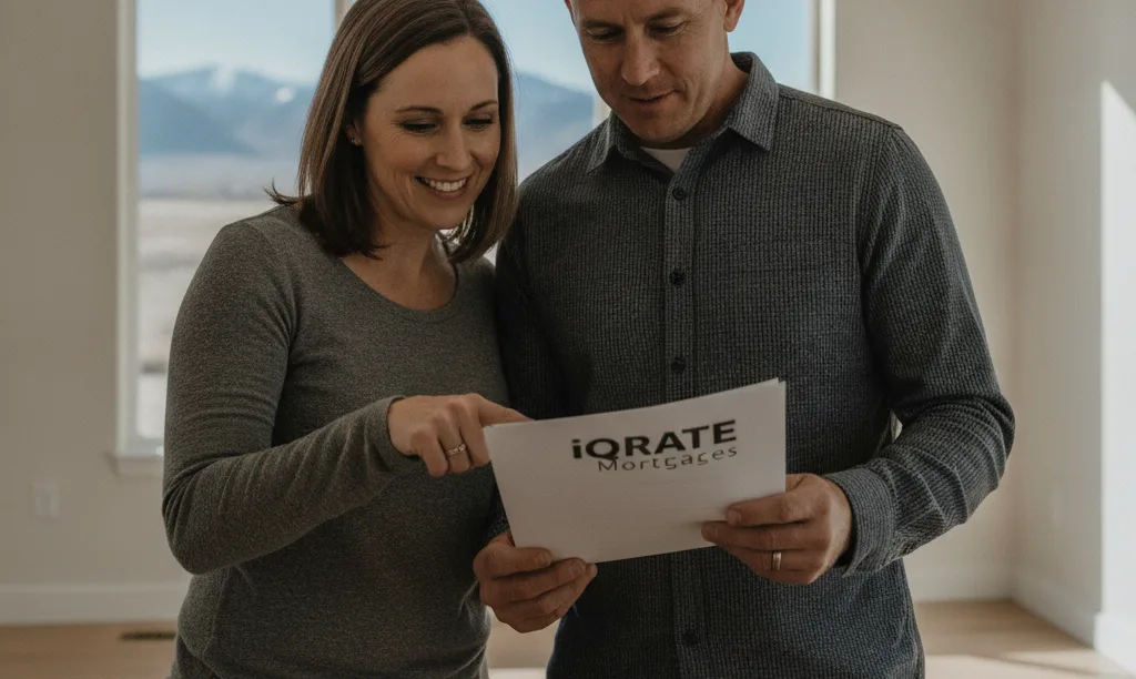 Veteran couple reviewing mortgage papers in new home.