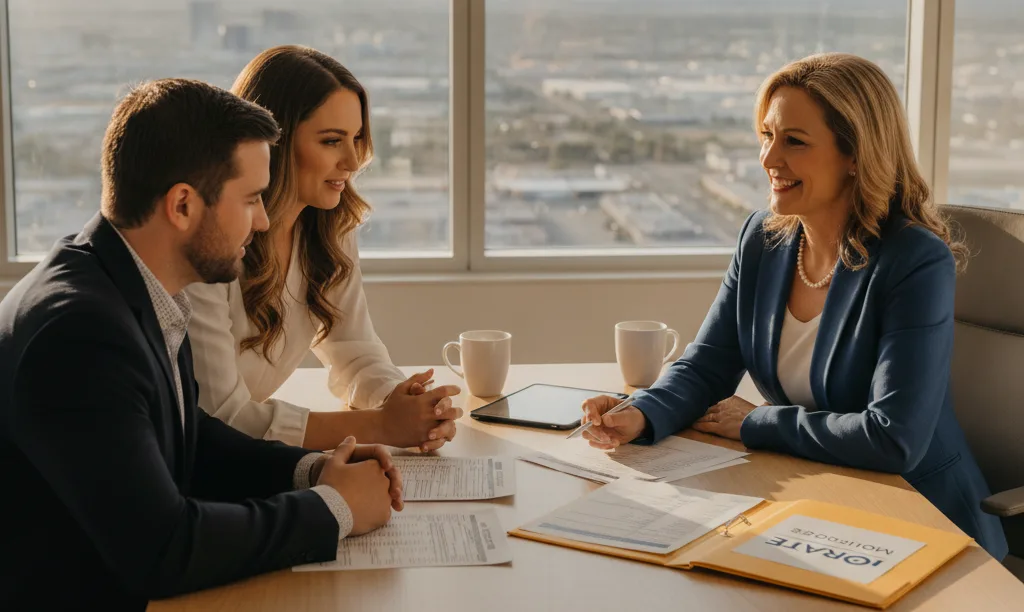 CPA and couple planning mortgage in office.