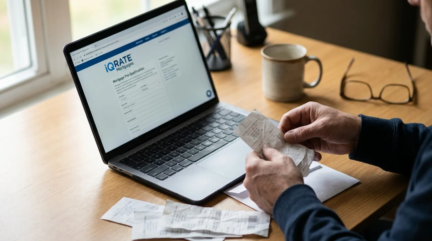 A person reviewing financial reports with a laptop and coffee