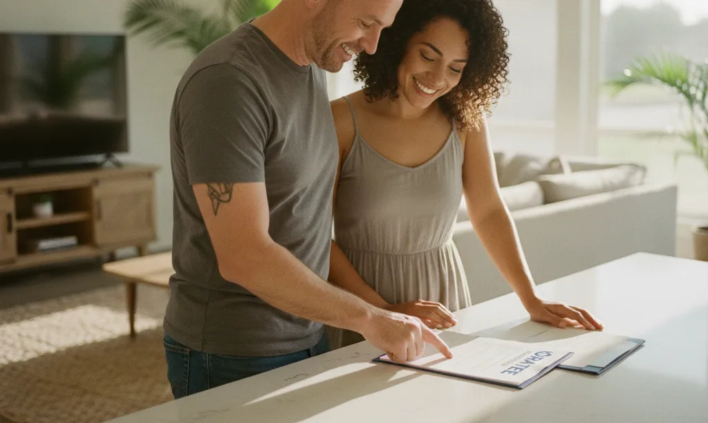 Veteran couple smiles reviewing iQRATE Mortgages documents.